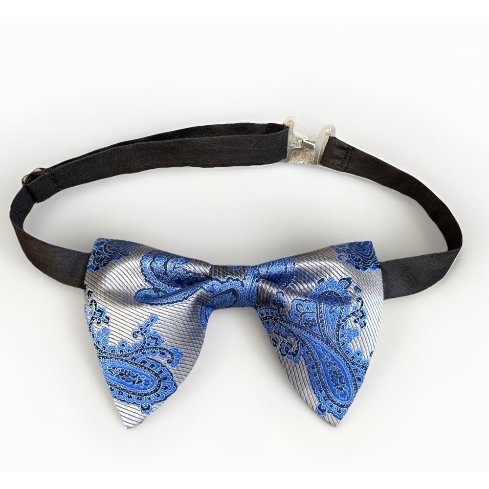 Handmade‎ Men's Blue Paisley Bow Tie Pre-tied Adjustable Neck Strap